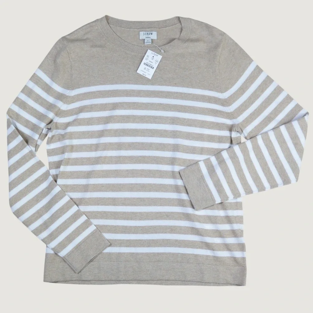 J.Crew Teddie Sweater Womens Large Tan White Striped Cotton Crewneck Coastal NWT